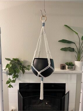 Handmade Milk Macramé Plant Hanger | Steel Blue Accent | Modern Boho Home Decor